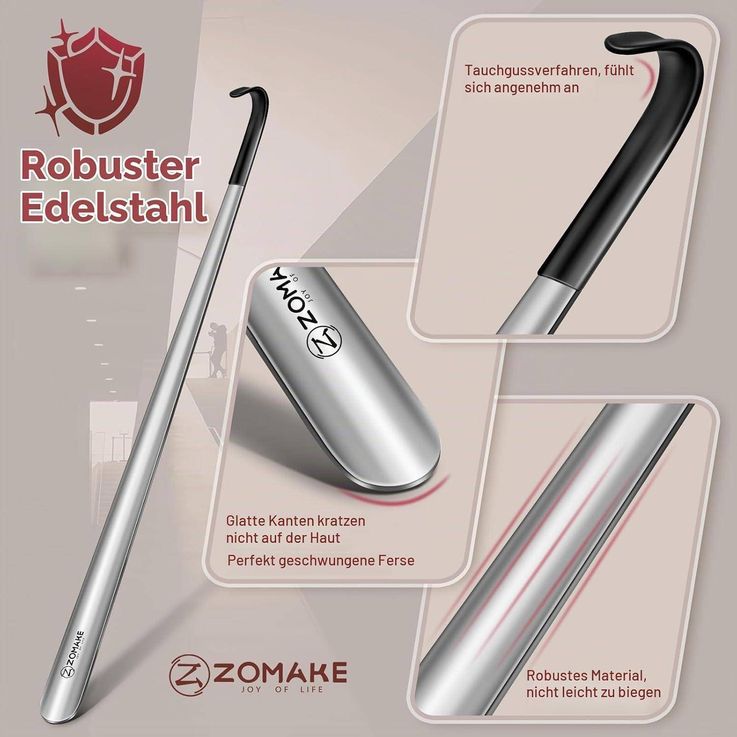 ZOMAKE Schuhlöffel lang 72 cm Edelstahl 2 mm Silber