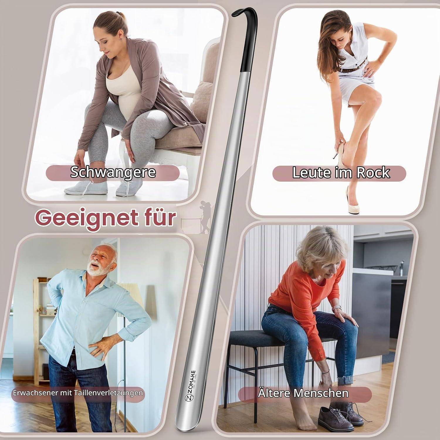 Collage, das ein Sockenhilfe-Werkzeug bewirbt und zeigt, dass es für schwangere Frauen, Träger von Röcken, Erwachsene mit Verletzungen im Taillenbereich und ältere Menschen beim Anziehen von Socken geeignet ist.