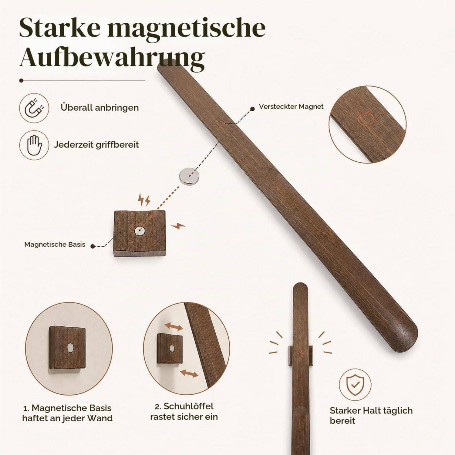 Schuhlöffel lang Buchenholz magnetisch mit Wandhalterung