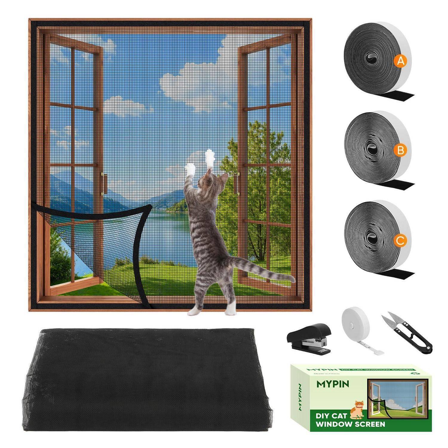 Katzenfenster-Fliegengitter-DIY-Set mit Gewebe, Befestigungsmaterialien, Rolle und Schneider gezeigt mit einer Katze an einer vergitterten offenen Fensterszene.
