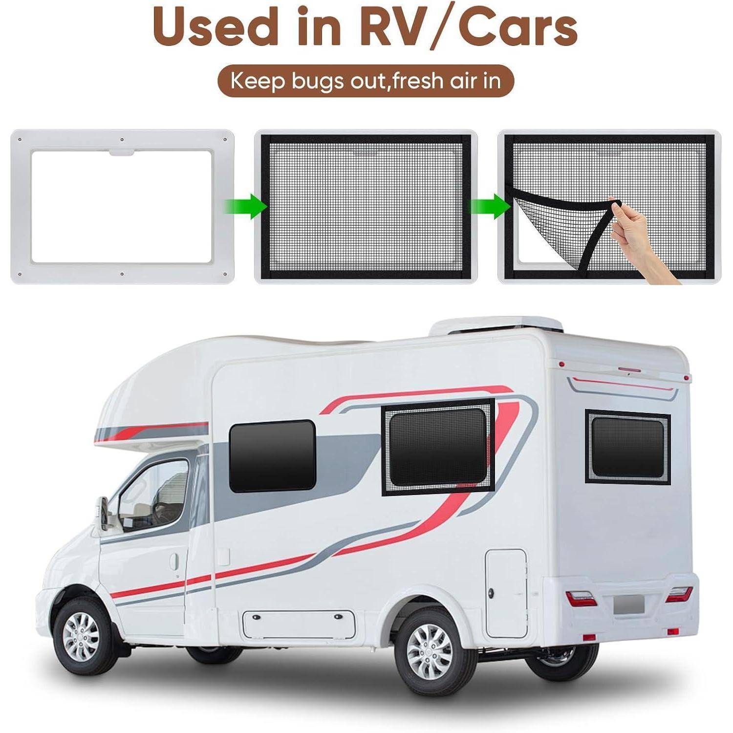 Fliegengitter-Einsatz für RV-Fenster, der Insekten abhält und gleichzeitig frische Luft hereinlässt, mit Installationsschritten und Anwendung auf einem Motorwohnwagen.