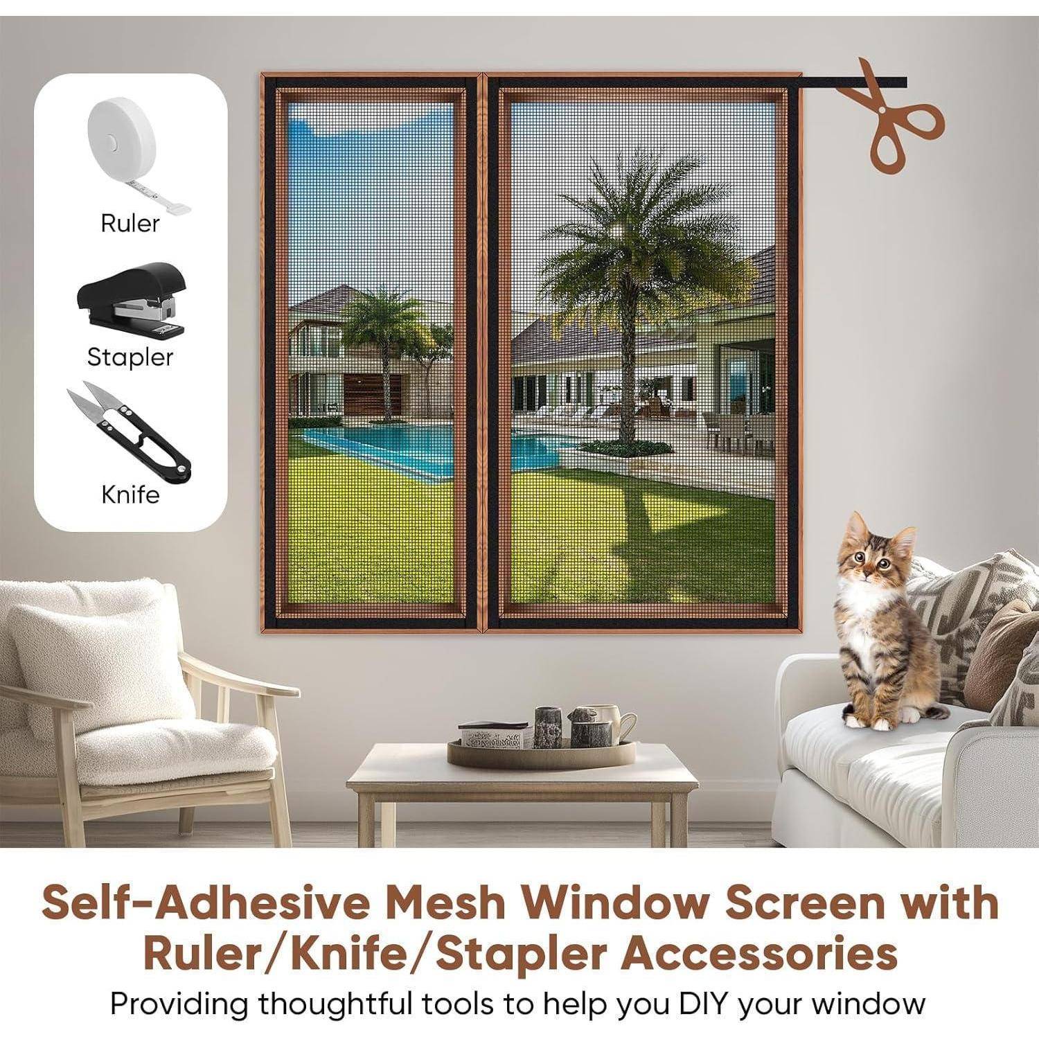 Werbebild eines selbstklebenden Kunststoffnetz-Fensterfliegengitter-DIY-Sets, das eine Fensterfliegengitterinstallation mit mitgelieferten Lineal-, Hefter- und Messer-Zubehörteilen zeigt.