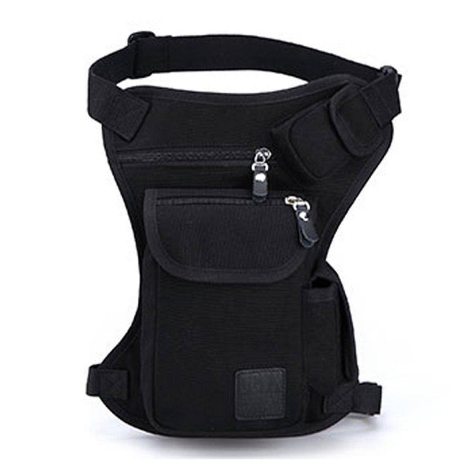 Schwarze verstellbare Beinholster-Tasche mit Reißverschlusstaschen und Riemen, auf weißem Hintergrund dargestellt.