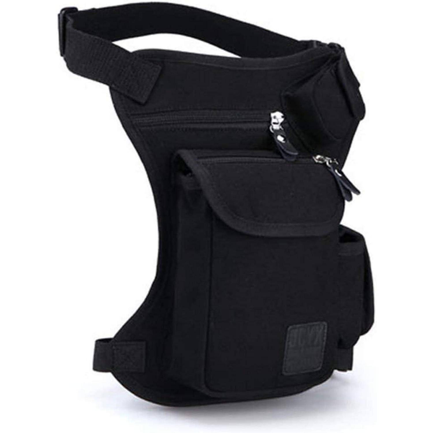 Schwarze Hüfttasche oder Oberschenkeltasche mit verstellbarem Riemen, vorderer Klapptasche, seitlicher Tasche und Reißverschlussfach auf weißem Hintergrund
