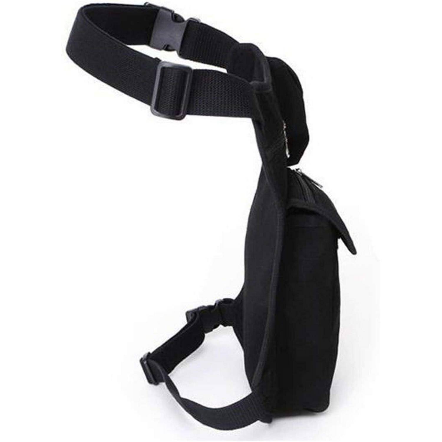 Schwarzes taktisches Beinholster mit verstellbaren Riemen und Schnalle, auf weißem Hintergrund gezeigt.