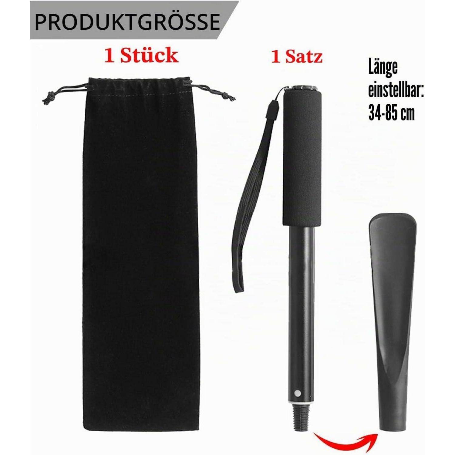 Produktgrößengrafik zeigt ein Kordelzugbeutel und einen verstellbaren Stab/Griff mit Riemen; Länge verstellbar 34-85 cm.