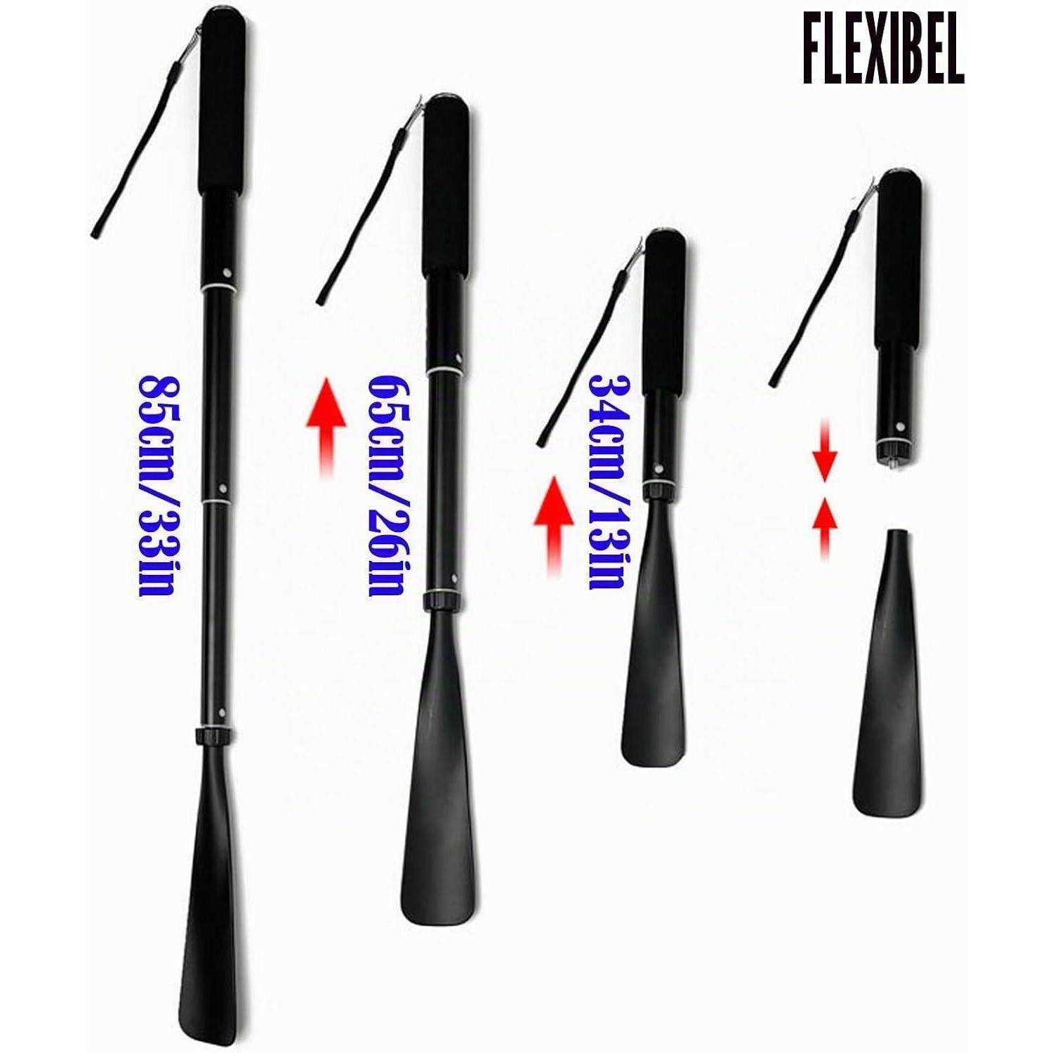 Produktbild eines flexiblen schwarzen Schlagstocks mit verstellbarer Länge, gekennzeichnet mit 85cm/33in, 65cm/26in und 34cm/13in, mit abnehmbaren Griffabschnitten.