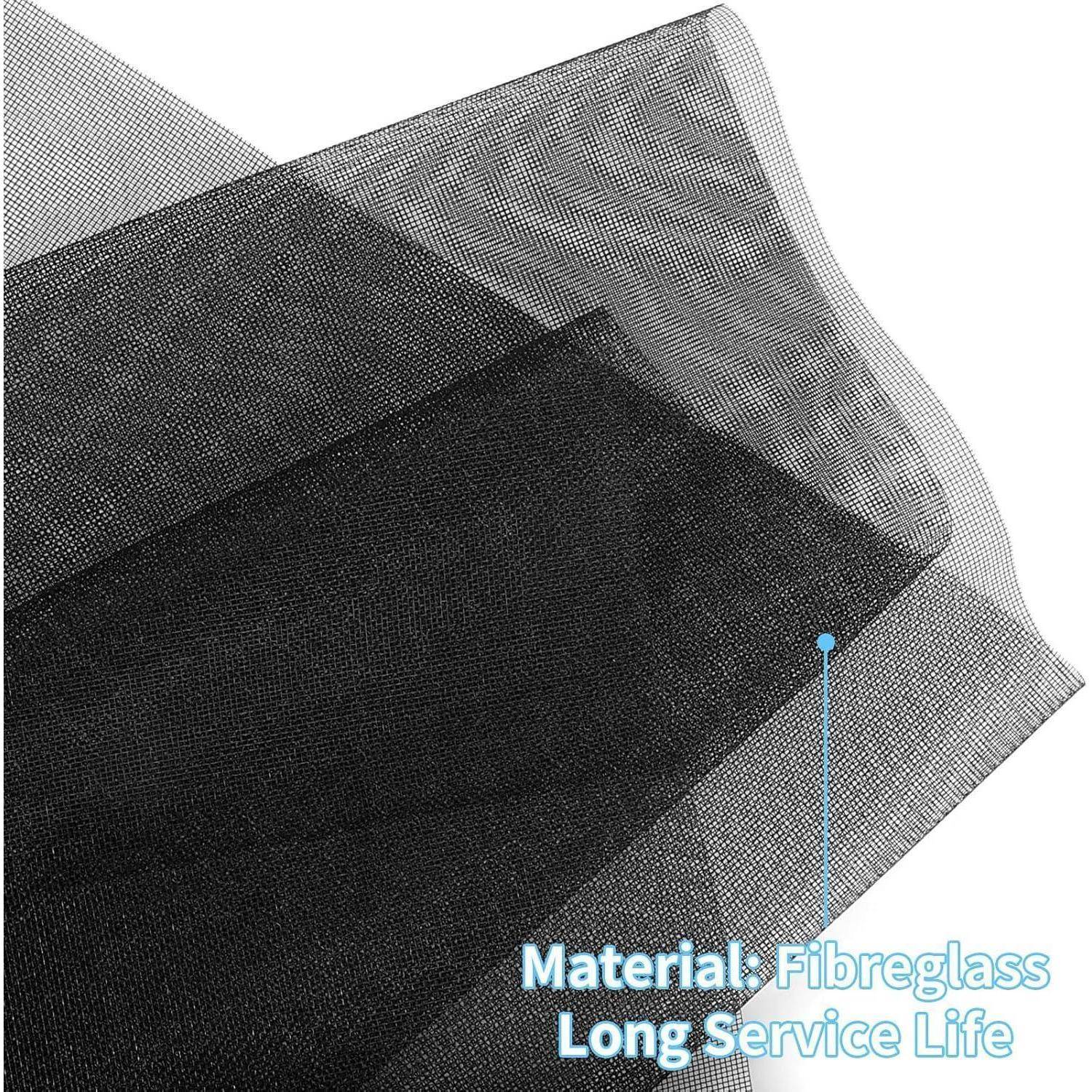 Nahaufnahme von geschichteten schwarzen Fiberglas-Meshblättern, beschriftet mit „Material: Fiberglas