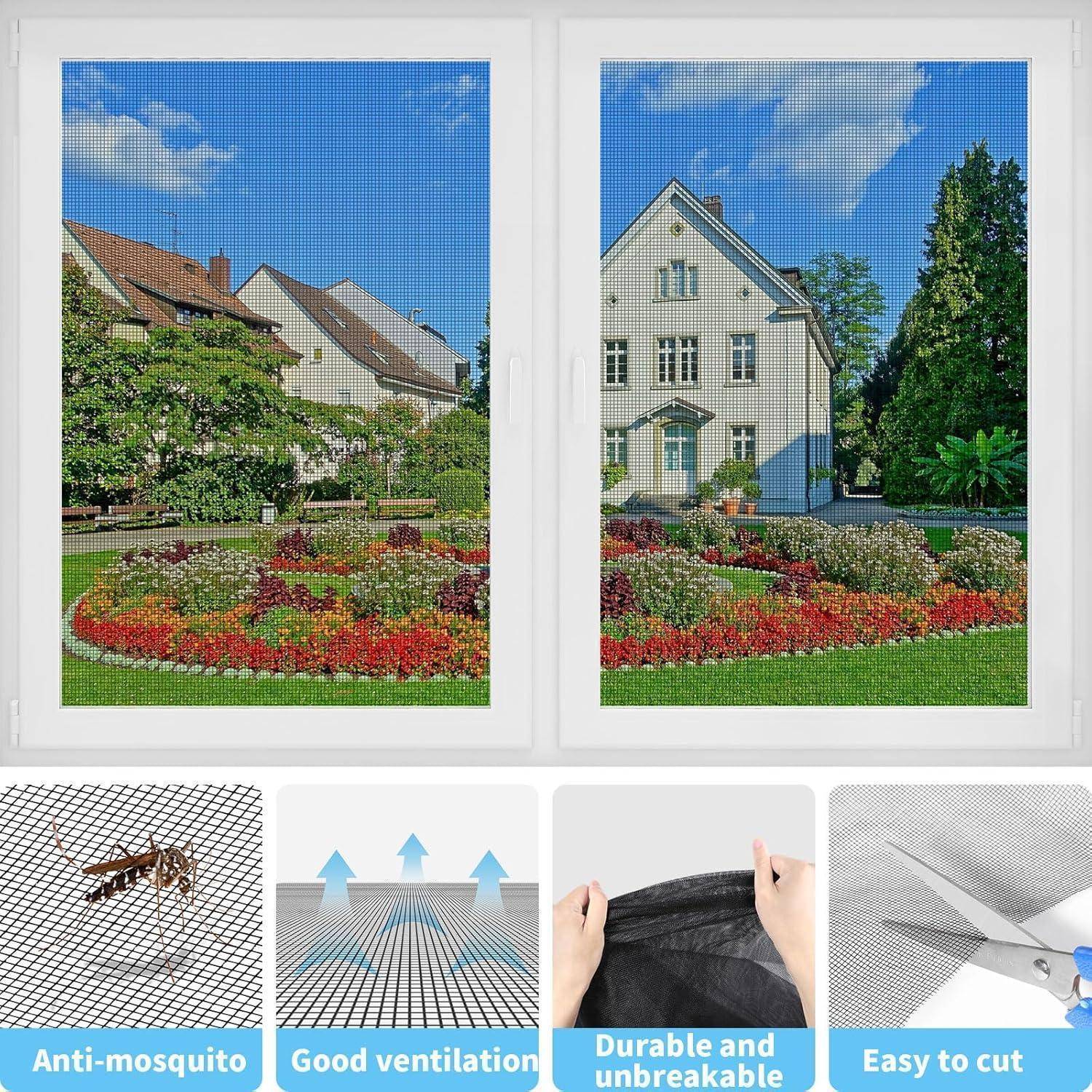 Fenstersiebe, dargestellt als eine Collage mit zwei Hausansichten und vier Merkmalspanels: Antimoskito-Gitter, gute Belüftung, langlebig und bruchsicher, leicht zu schneiden.
