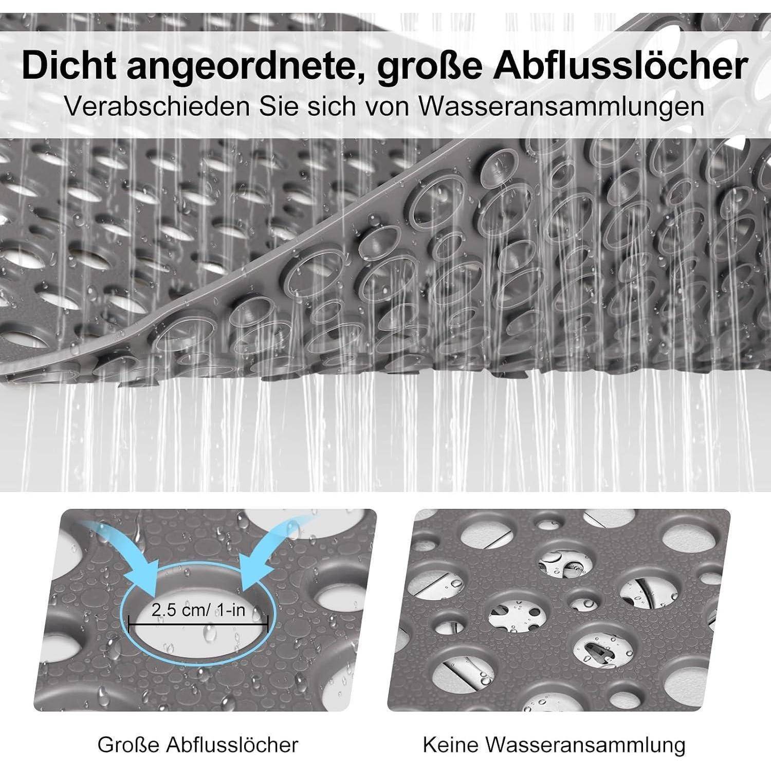 Bademattenmatte mit dicht angeordneten großen Abflusslöchern; der Text besagt 