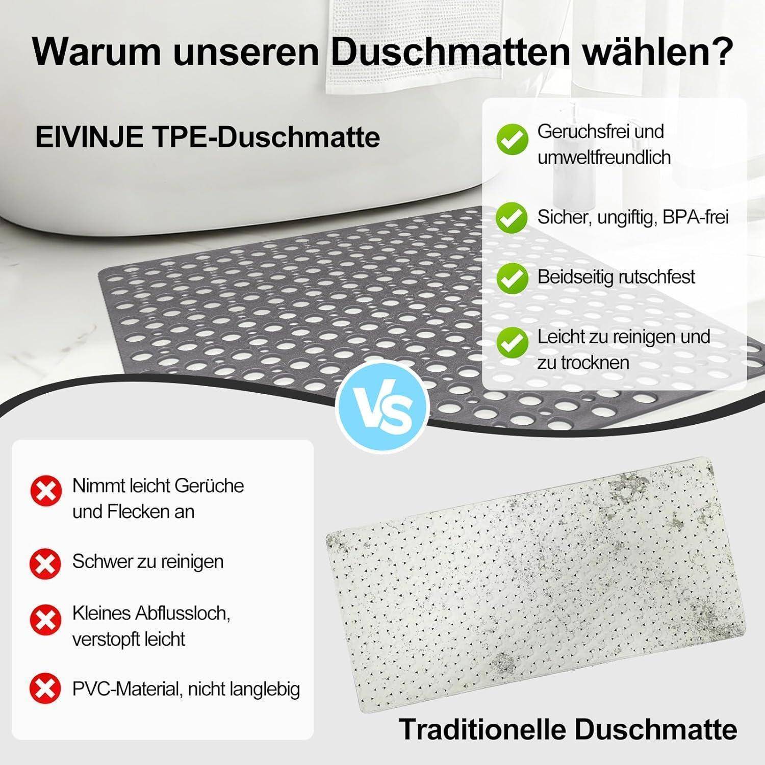 Duschmatte rutschfest 70x70 cm TPE Grau mit Saugnäpfen