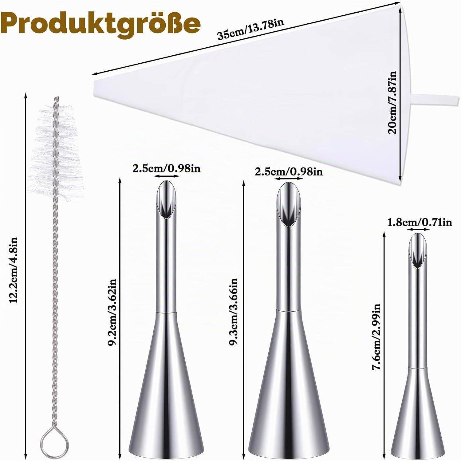 Größendiagramm des Produkts mit einem weißen Trichter und drei silbernen Düsenspitzen mit Abmessungen in cm und Zoll gekennzeichnet.