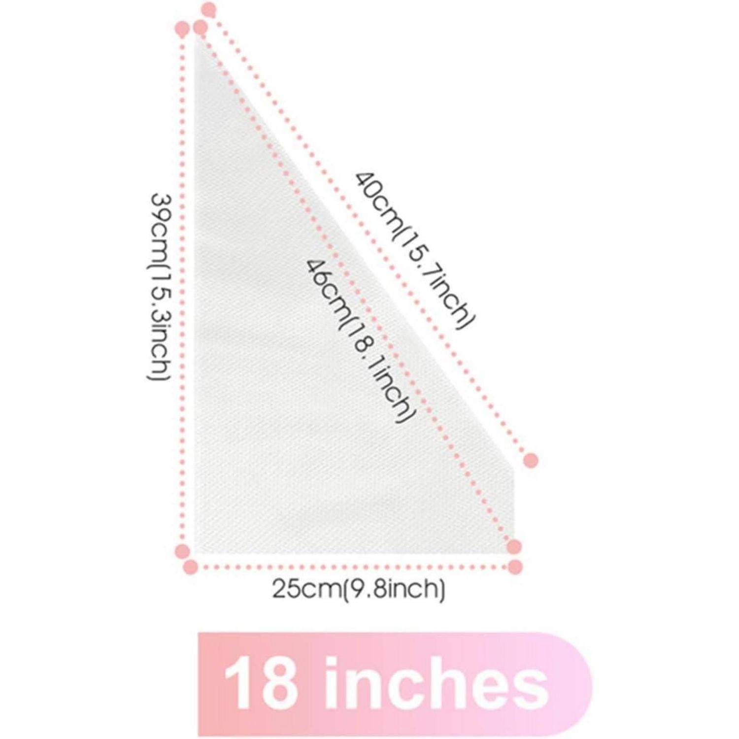 Dreieckiges Maschensieb mit Größenetiketten: 39 cm (15,3 Zoll) Höhe, 25 cm (9,8 Zoll) Breite, 40 cm (15,7 Zoll) und 46 cm (18,1 Zoll) Diagonalen; „18 Zoll
