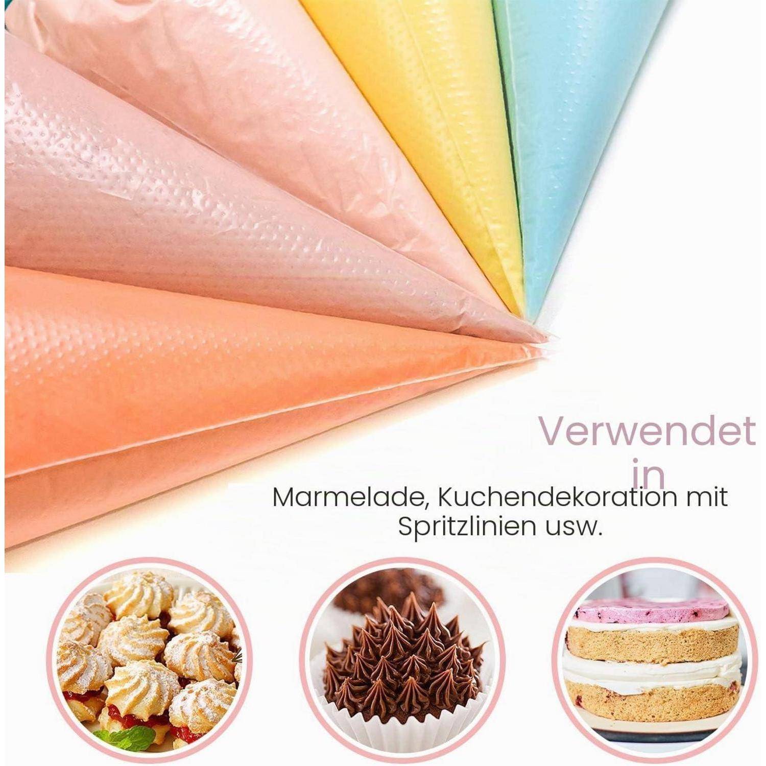 Bunte Spritzbeutel fächerförmig angeordnet über deutschem Text, der besagt, dass sie zur Marmeladen- und Kuchendekoration mit Spritzmuster verwendet werden; drei Beispieldesserts werden gezeigt.