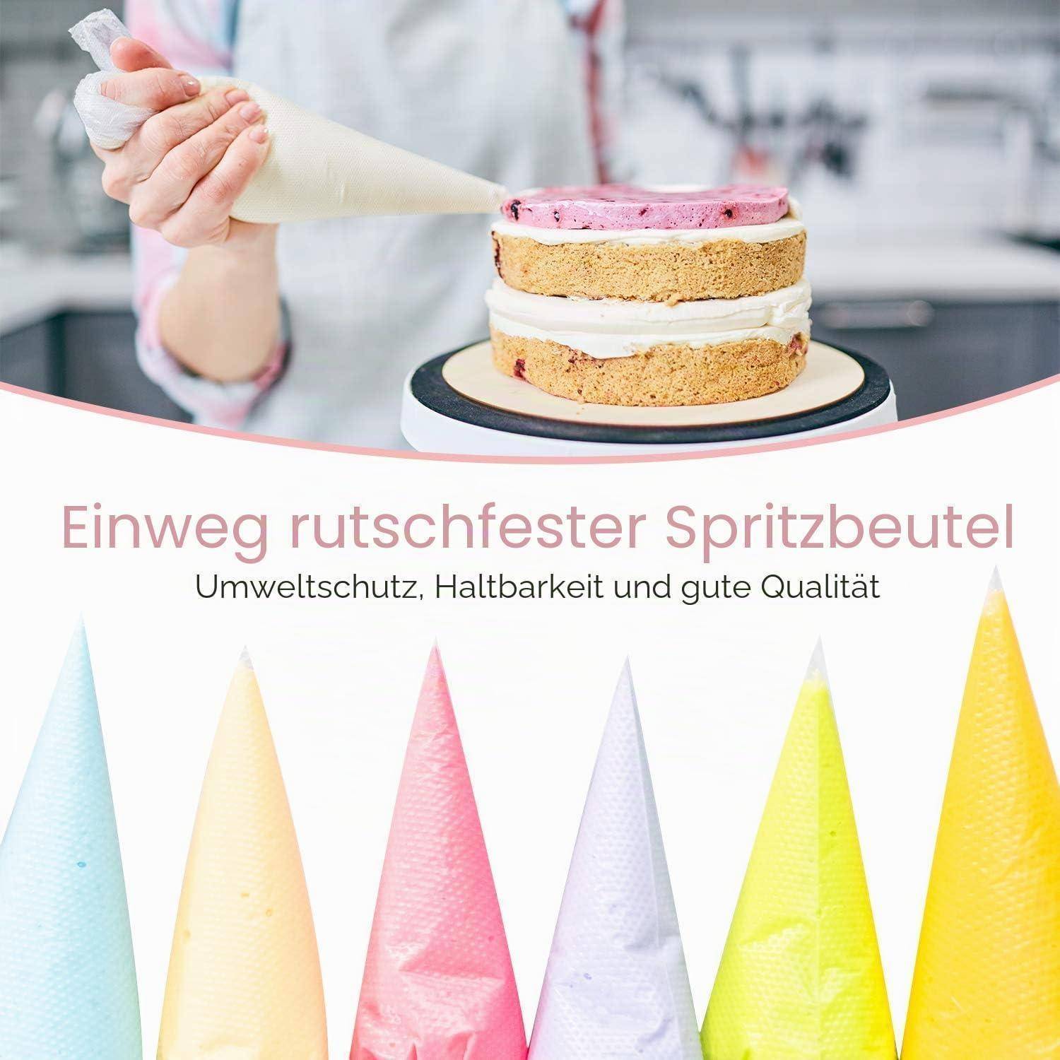 Werbebild von Einweg rutschfesten Spritzbeuteln zur Dekoration eines geschichteten Kuchens, mit deutschem Text „Einweg rutschfester Spritzbeutel