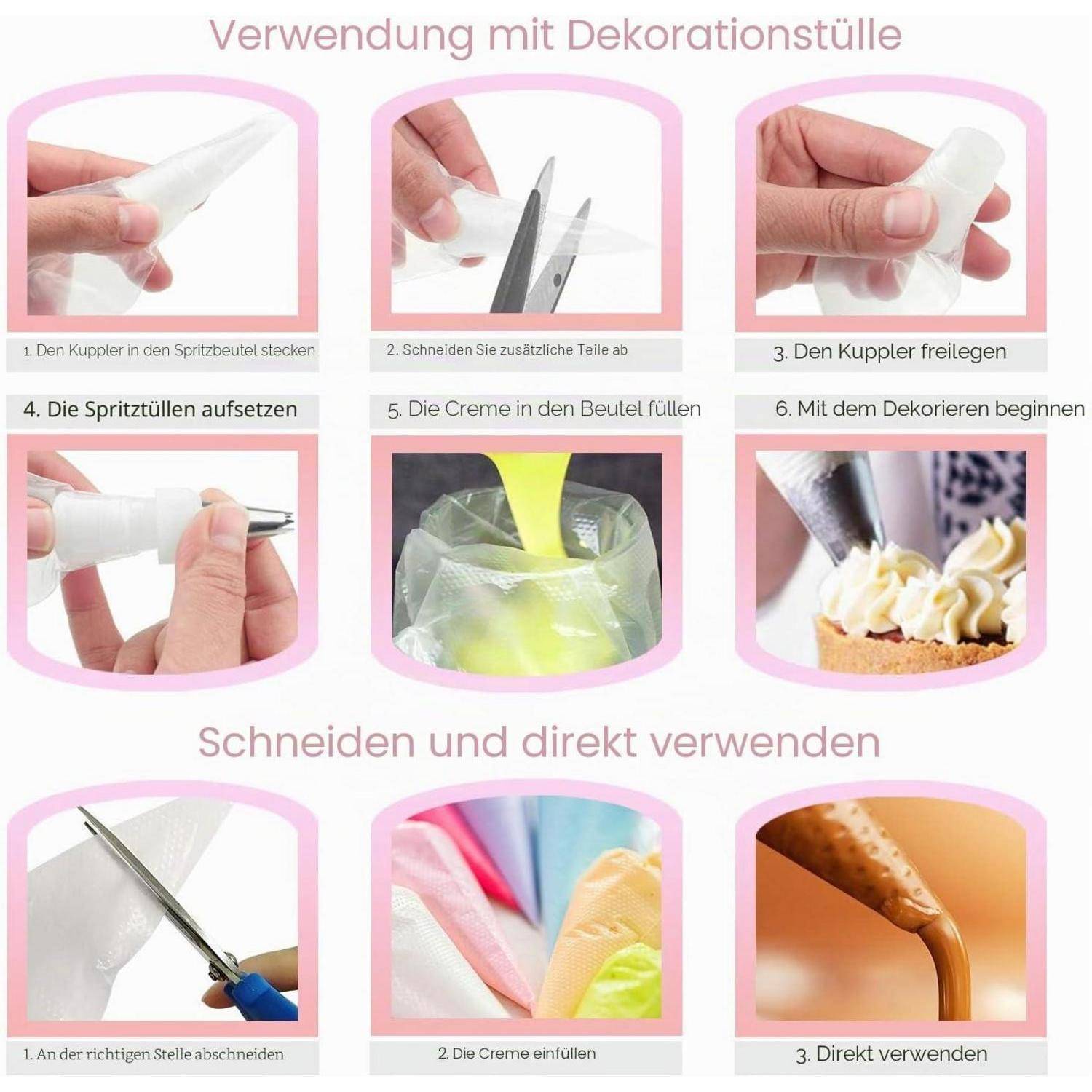 Anleitungsgrafik zur Verwendung eines Spritzbeutels und einer Tülle: Kupplung einsetzen, Beutel zuschneiden, Spitze anbringen, mit Creme füllen und direkt verzieren.