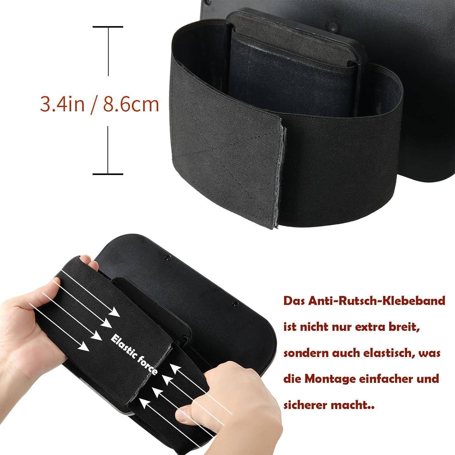Schwarzer elastischer Klebstoffgurt zur Befestigung auf einem Gerät, gezeigt mit einer Breitenbezeichnung von 3,4 Zoll / 8,6 cm und Händen, die ihn dehnen, um die Flexibilität zu zeigen.