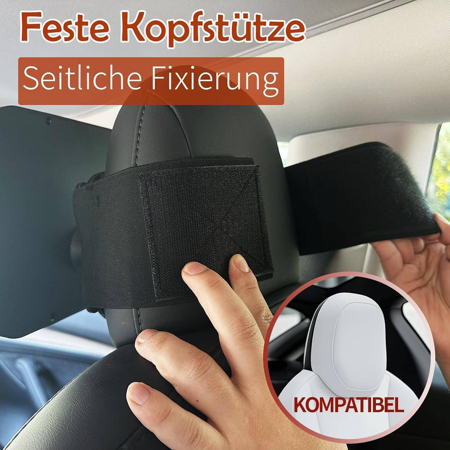 Kopfstütze eines Autos mit einer schwarzen seitlichen Befestigungsstütze, die von Händen verstellt wird; die Einfügung zeigt ein kompatibles Kopfstützenmodell.