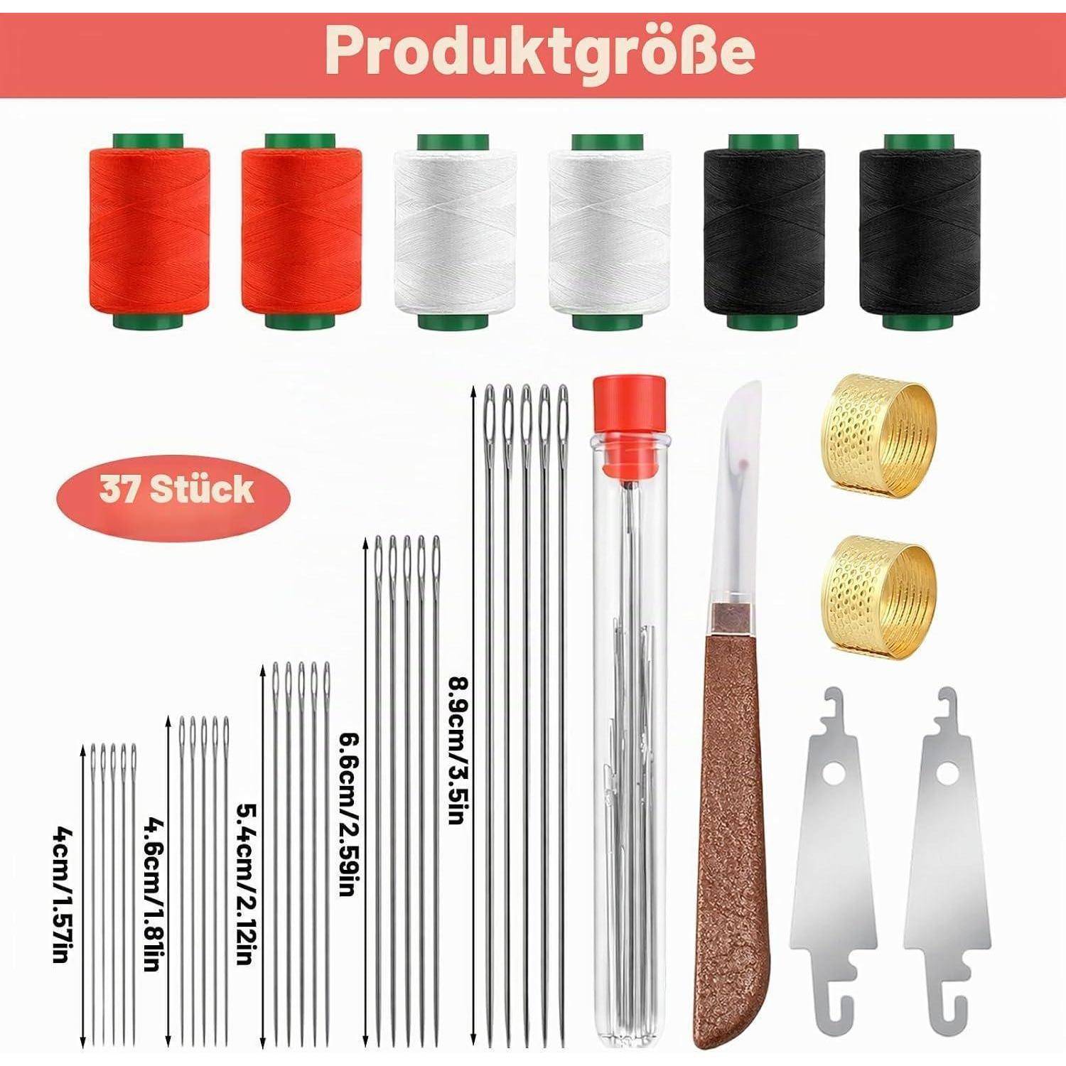 Größentabelle für Produkte mit 37 Nähkästchen-Teilen: rote, weiße und schwarze Fadenspool, Nadeln in vier Größen, ein Nahtöffner, ein Fingerhut und zwei Metallwerkzeuge mit beschrifteten Abmessungen.