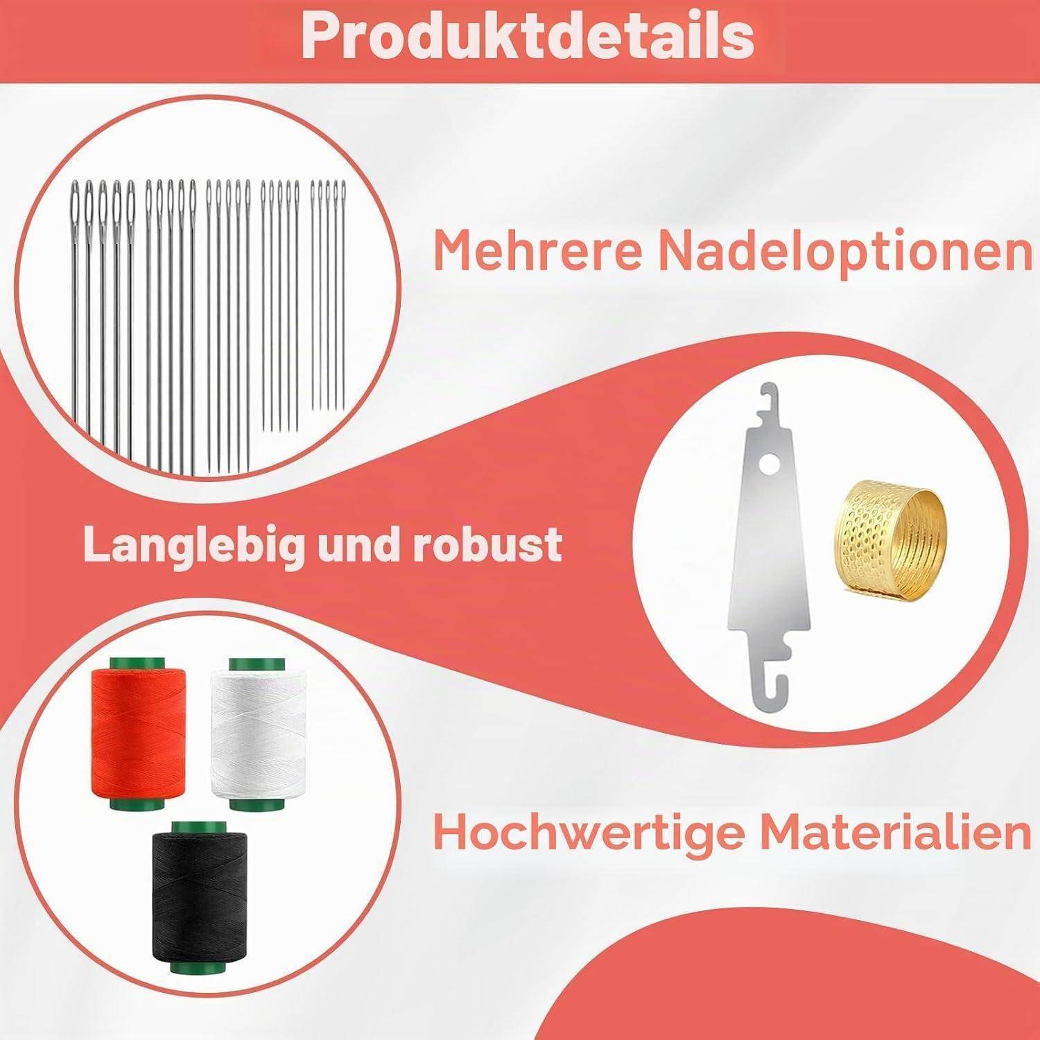 Nähnadel-Set 37-teilig Edelstahl mit großem Öhr und Zubehör