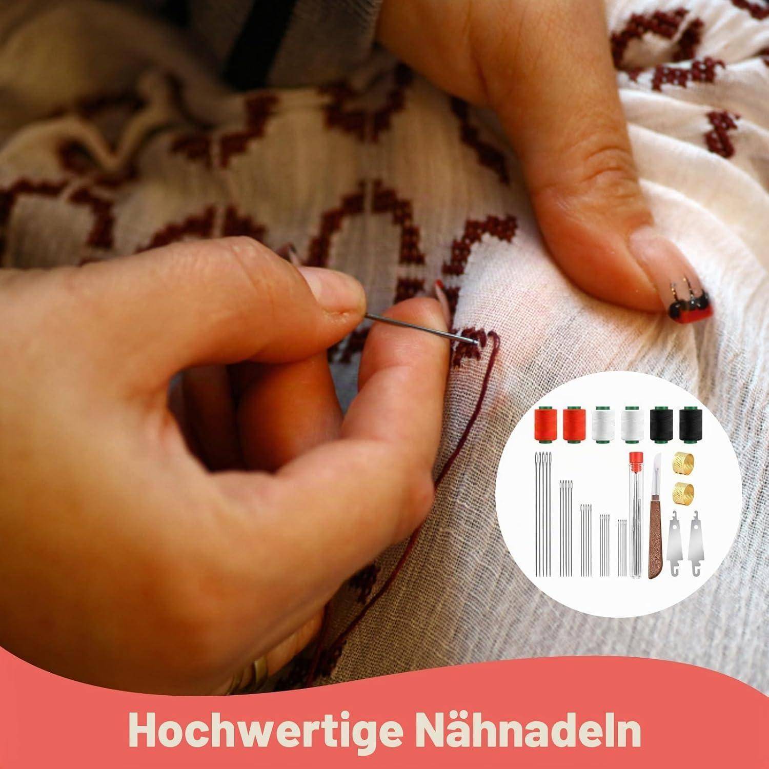 Hände nähen Stoff mit einer Nadel und Faden; Die Vergrößerung zeigt assortierte Nähnadeln und Werkzeuge. Deutscher Text lautet „Hochwertige Nähnadeln