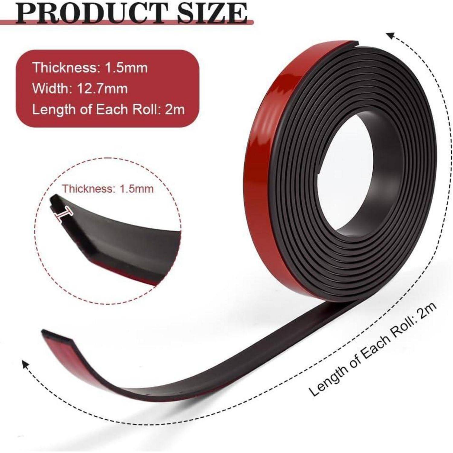 Produktgrößendiagramm einer schwarzen Dichtungsstreifen-Rolle mit Klebefolie, gekennzeichnet mit einer Dicke von 1,5 mm, einer Breite von 12,7 mm und einer Länge von 2 m pro Rolle.