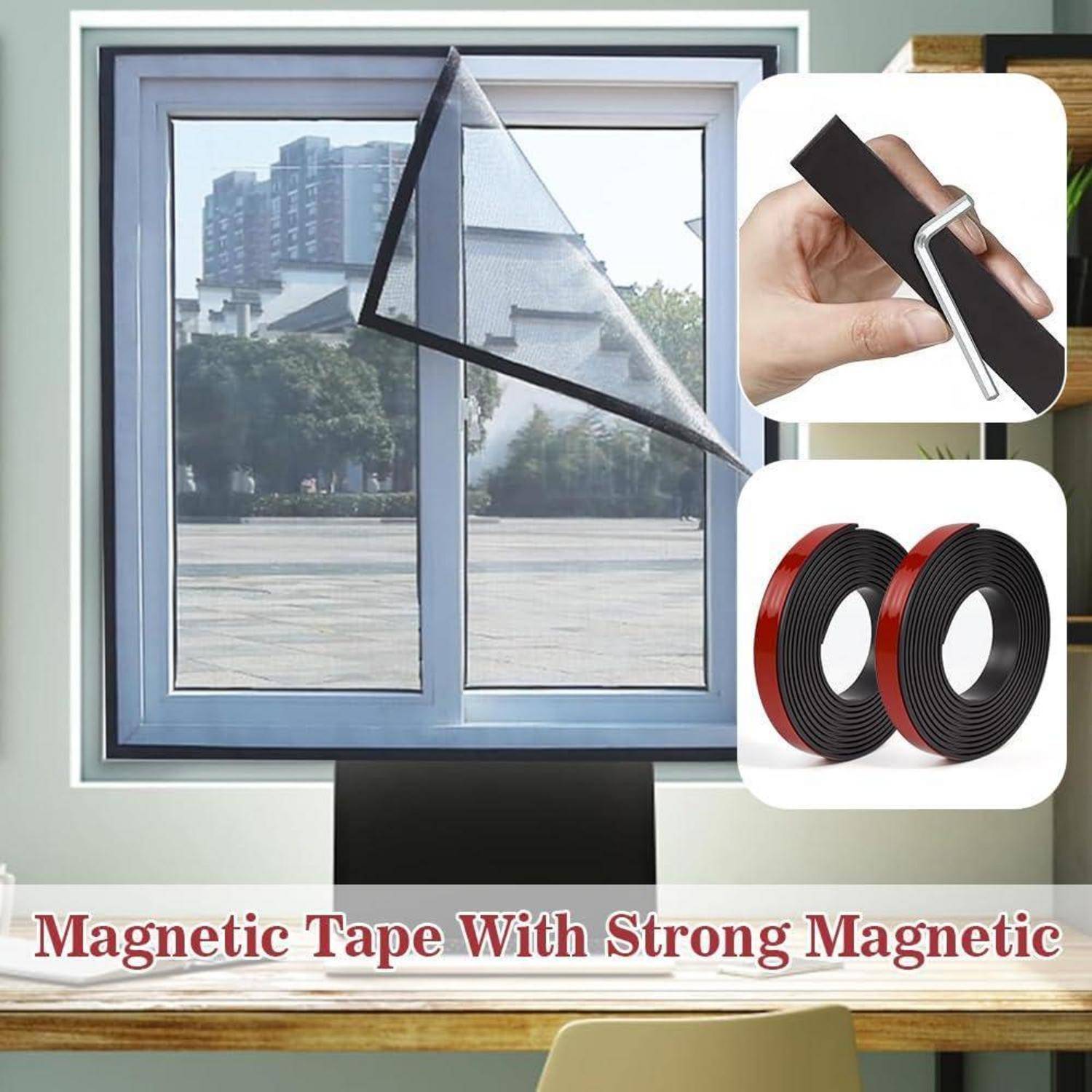 Fensterfliegengitter mit magnetischem Klebeband, zeigt abziehbares Netzgewebe, Klebebandanwendung und Klebebandrollen; Text lautet „Magnetisches Klebeband mit starkem Magnetismus".