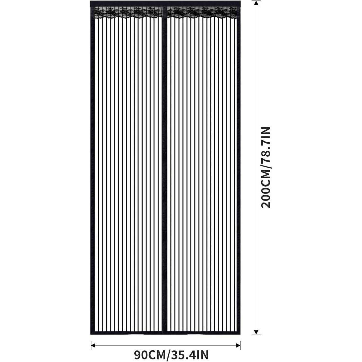 Schwarzes Maschengewebe-Türflächenelement mit mittlerem Naht, dargestellt mit den Abmessungen 200 cm Höhe mal 90 cm Breite.