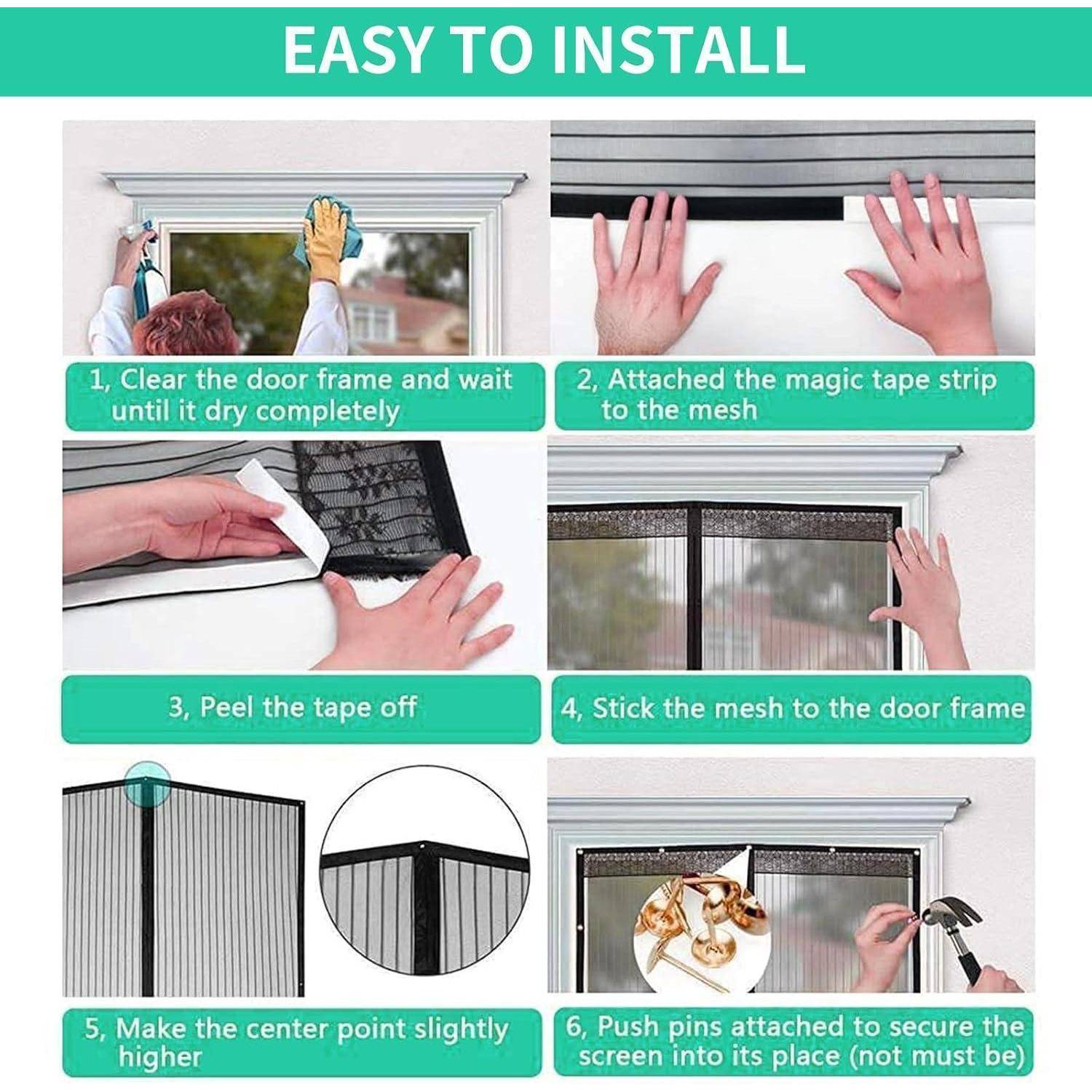Installationsanleitung für einen magnetischen Mesh-Türfliegengitter: Rahmen reinigen, Klebeband anbringen, Schutzfolie abziehen, Mesh anbringen und mit Druckstiften befestigen.