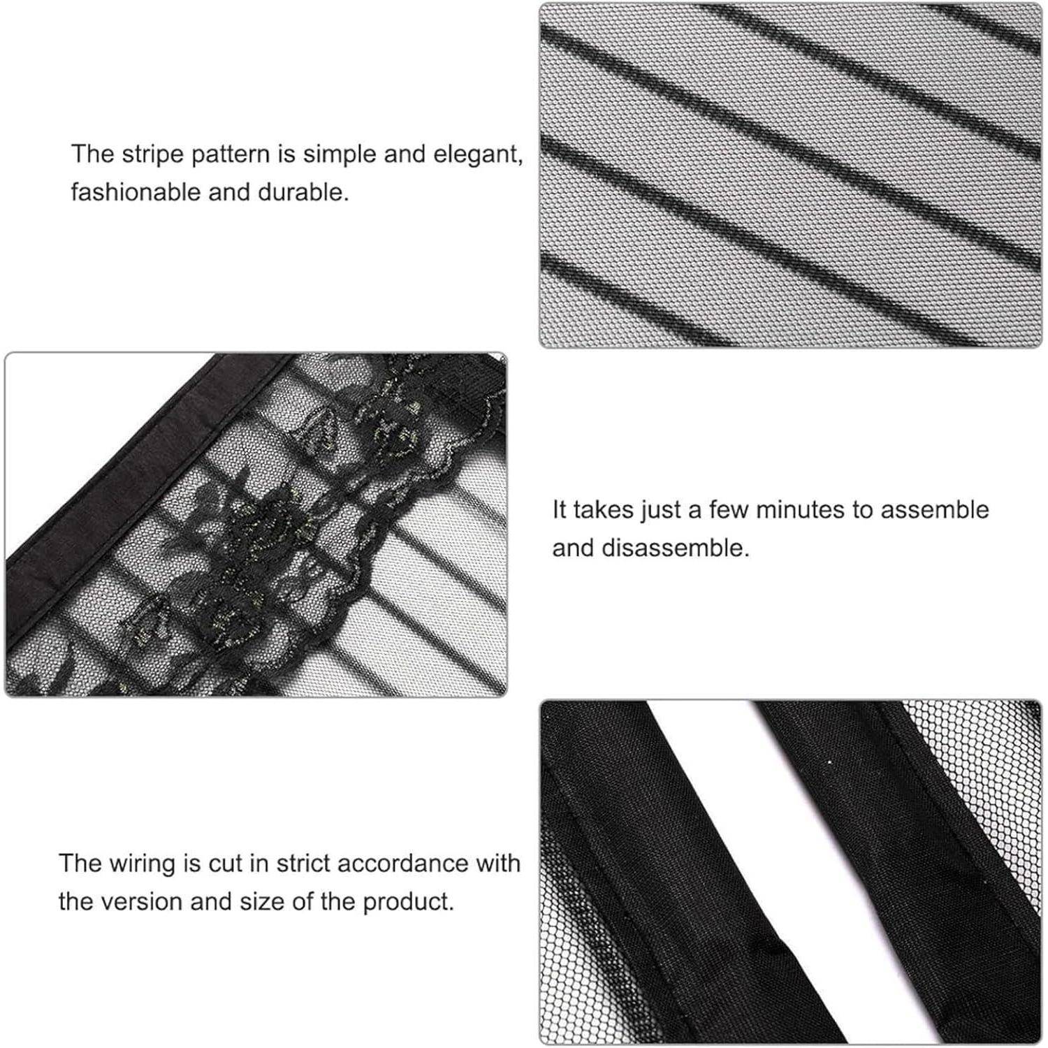 Collage, das ein gestreiftes Mesh-Stoffprodukt in Schwarz und Grau zeigt, mit Nahaufnahmen der Webart, Bortenbesatz und spitzenähnlicher Kante; Text unterstreicht Haltbarkeit und einfache Montage.