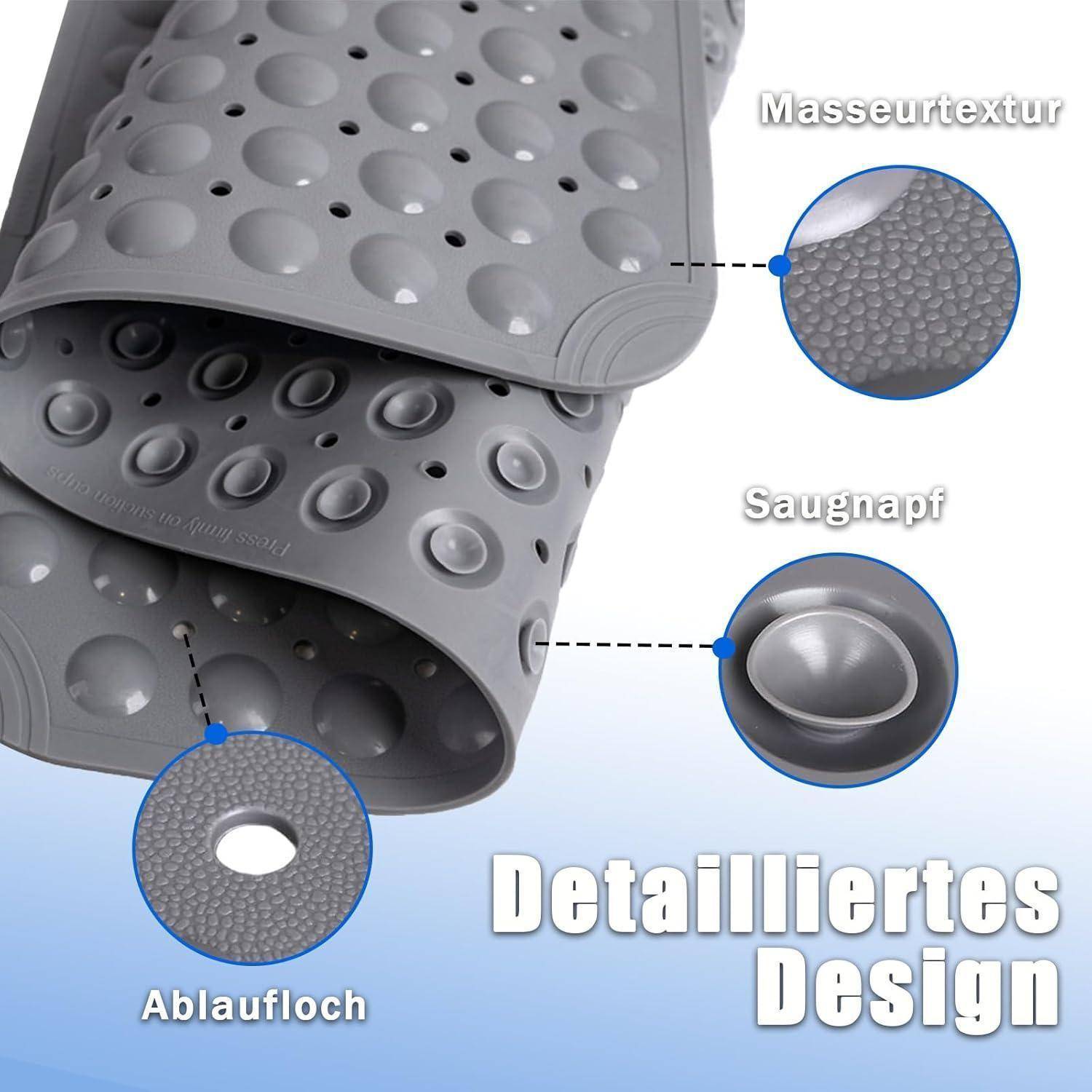 Illustration einer grauen Silikonmatte mit Saugnäpfen, Massagstruktur und Ablöchern, beschriftet mit „Detailliertes Design