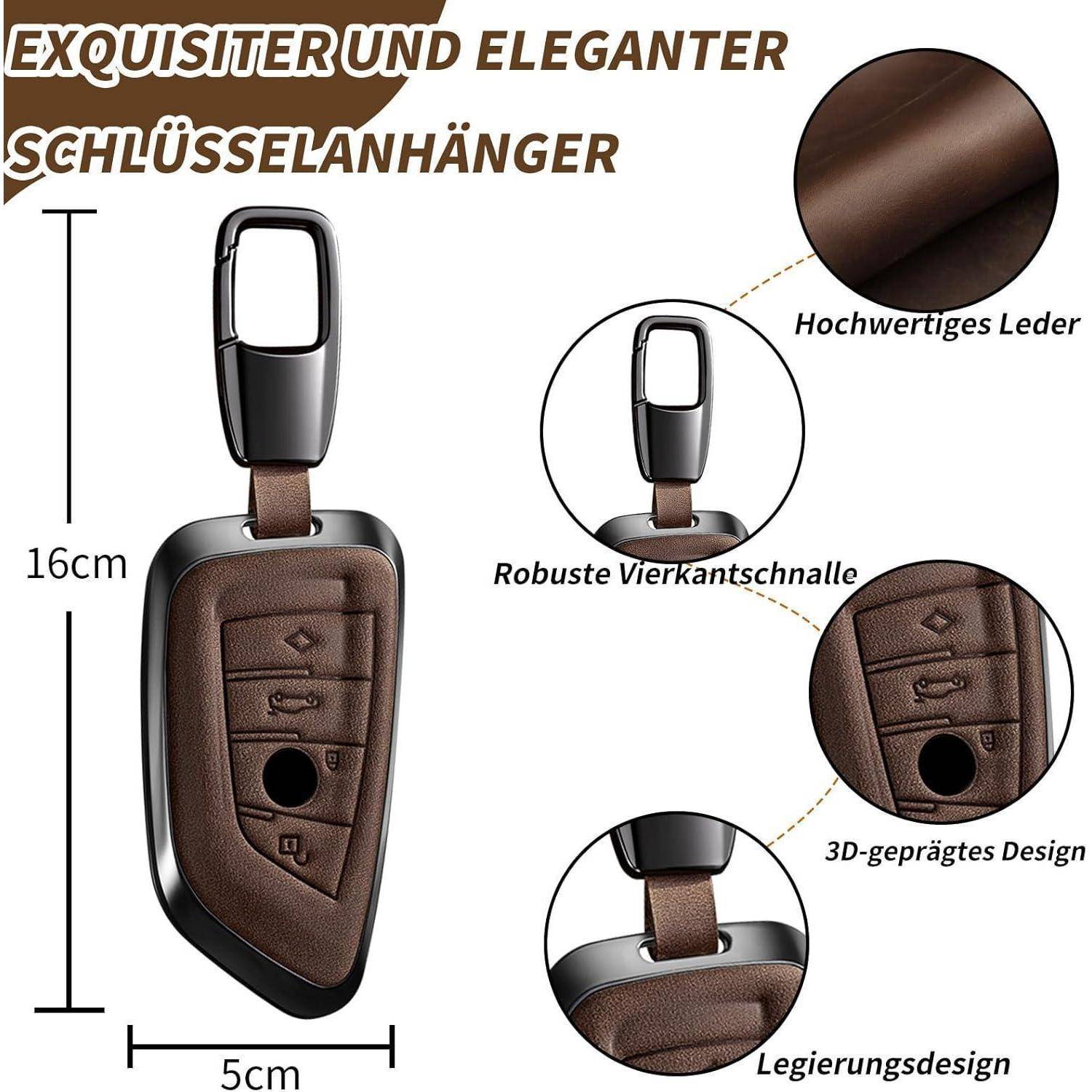 Produktbild eines braunen Lederautoschlüsselanhängers mit deutschen Beschriftungen mit Merkmalen wie hochwertigem Leder, robustem Verschluss, 3D-Design und Größe von 16 cm x 5 cm.
