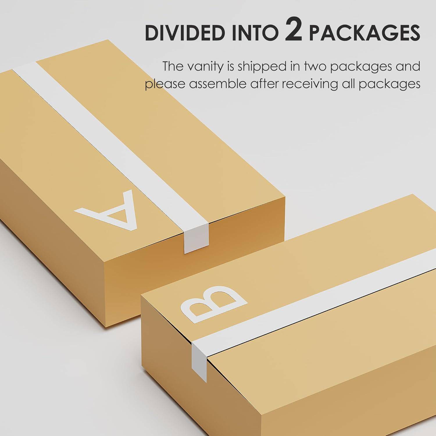 Produktverpackung dargestellt als zwei beschriftete Kartons, 'A' und 'B', mit Text, der besagt, dass der Waschtisch in zwei Paketen versendet wird und nach der Lieferung montiert werden muss.