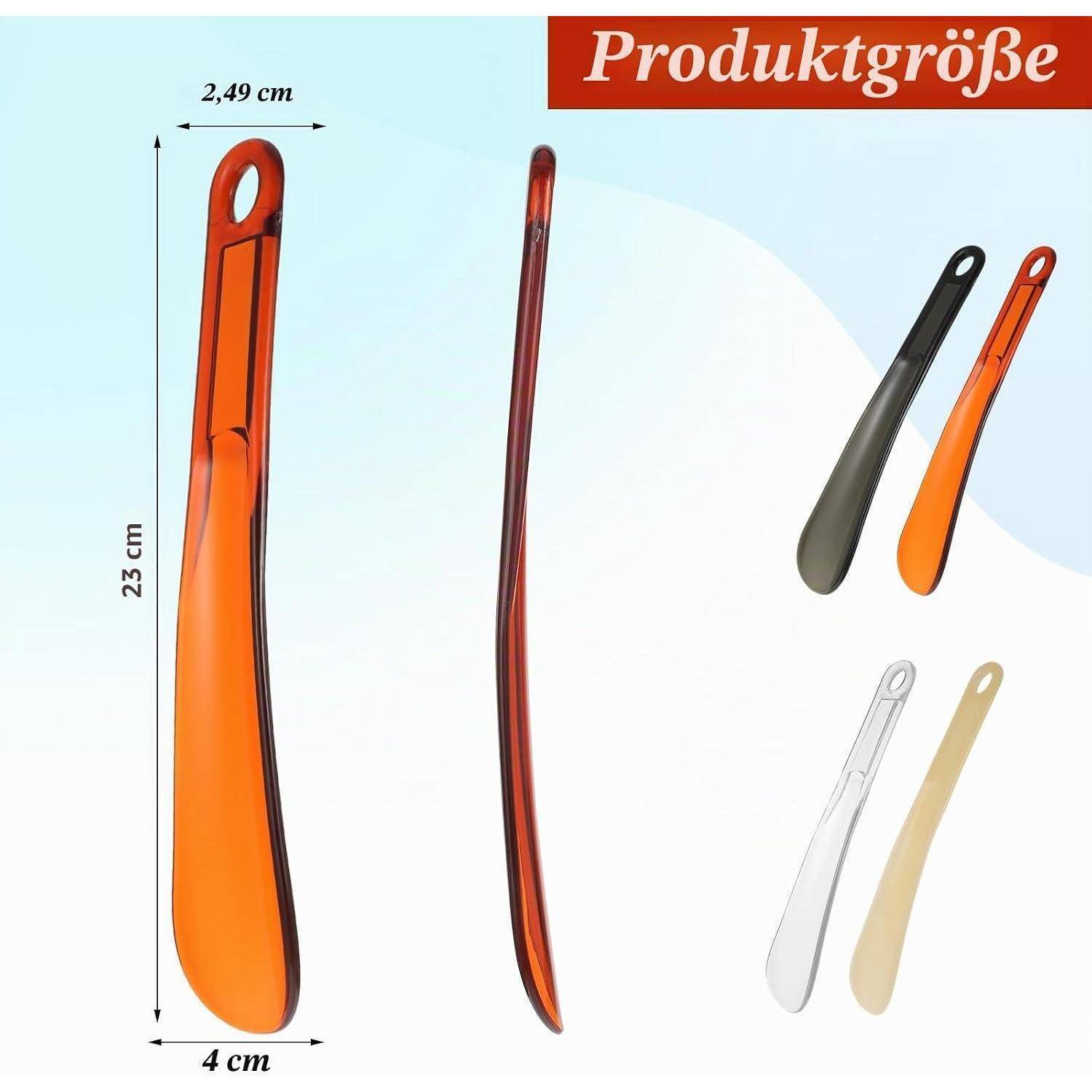 Produktgrößendiagramm eines schlanken orangefarbenen Schuhanziehhebels, dargestellt in Front- und Seitenansicht, gekennzeichnet mit 23 cm lang, 4 cm breit und 2,49 cm an der Spitze, mit Farboptionen auf der rechten Seite angezeigt.