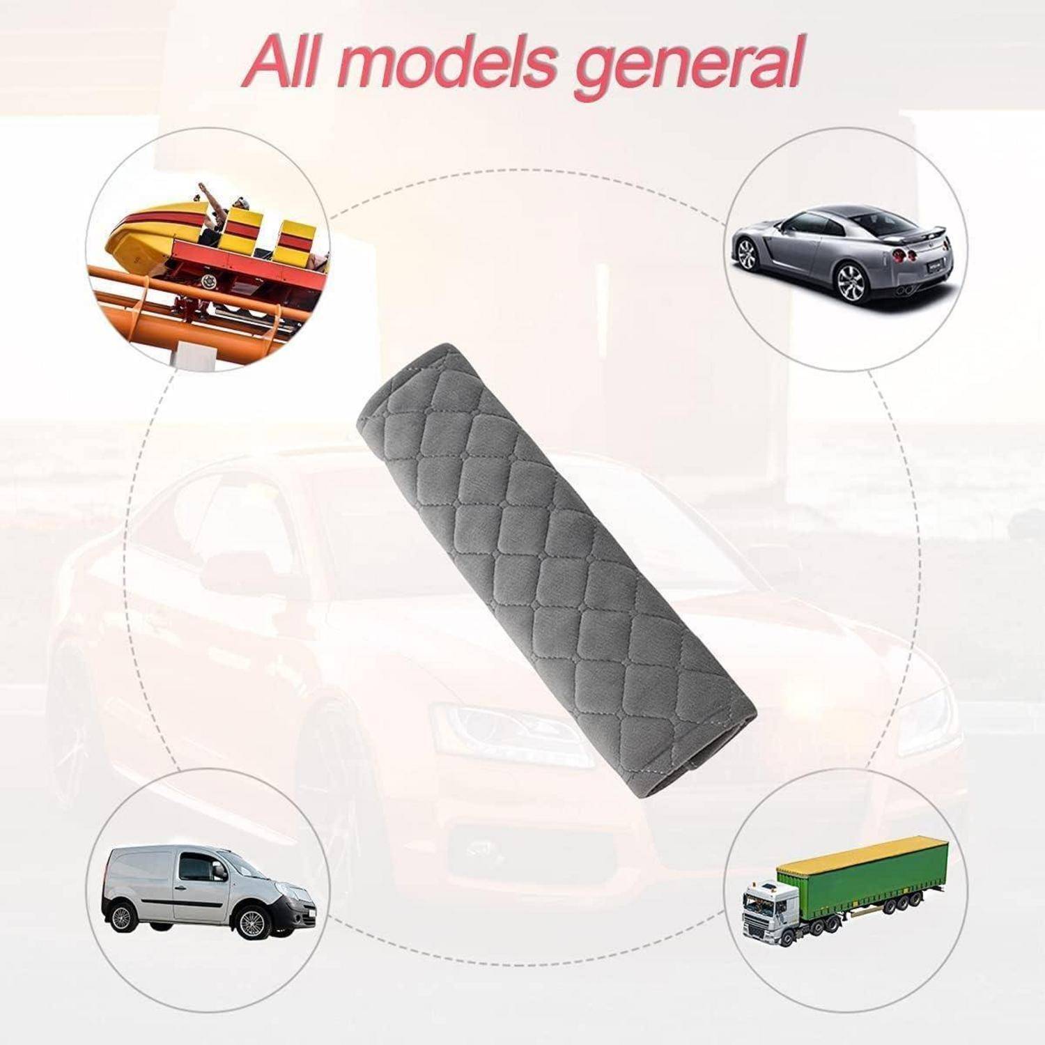 Graue gesteppte Autosicherheitsgurt-Abdeckung, gezeigt als universelles Zubehör, umgeben von Symbolen eines Autos, Vans, Lastwagens und Werkzeugen, mit Text "Alle Modelle allgemein"".