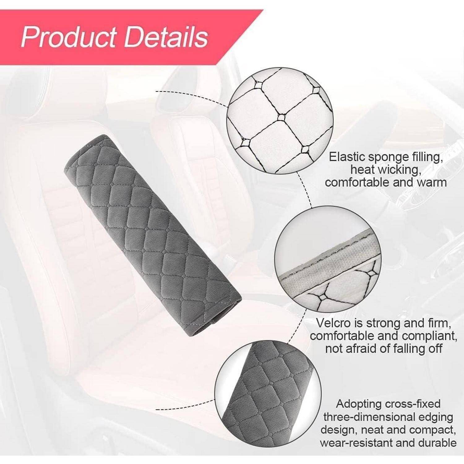 Produktdetailbild einer gesteppten grauen Sicherheitsgurtabdeckung mit Beschriftungen für elastische Schaumstoffpolsterung, starkes Klettband und haltbare überkreuzte Kanten.