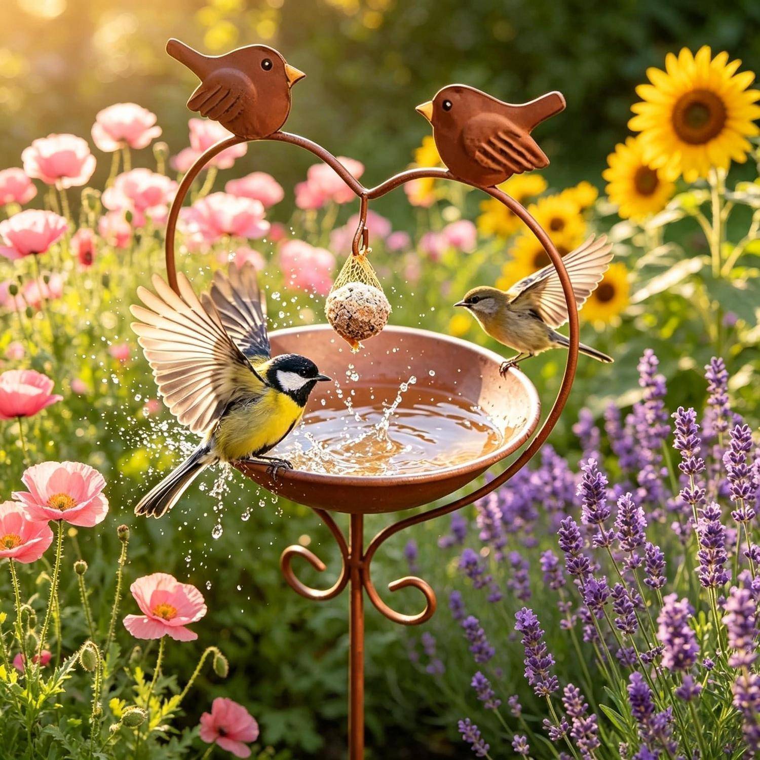 Zwei kleine Vögel trinken und planschen in einem dekorativen Gartenbrunnen, umgeben von blühenden rosa, gelben und violetten Blumen.