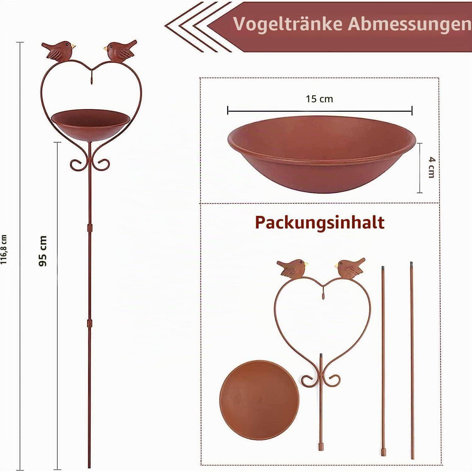 Diagramm eines Vogelfutterstabs mit Schüsseldimensionen von 15 cm Breite und 4 cm Tiefe; Gesamthöhe 116,8 cm, Stabhöhe 95 cm, zeigt Verpackungsinhalt.