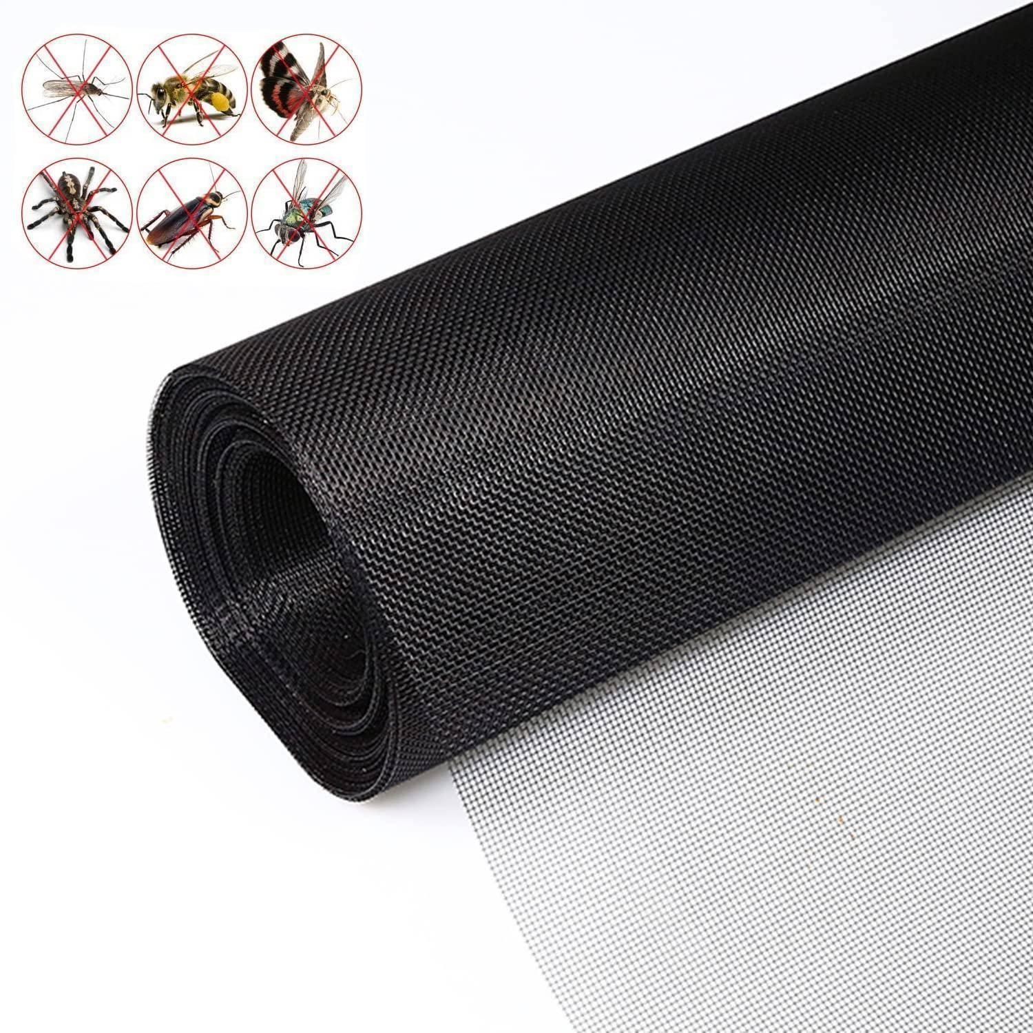 Aufgerolltes schwarzes Insektenschutzgewebe mit kleinen Symbolen, die zeigen, dass es Moskitos und andere Insekten abhält.