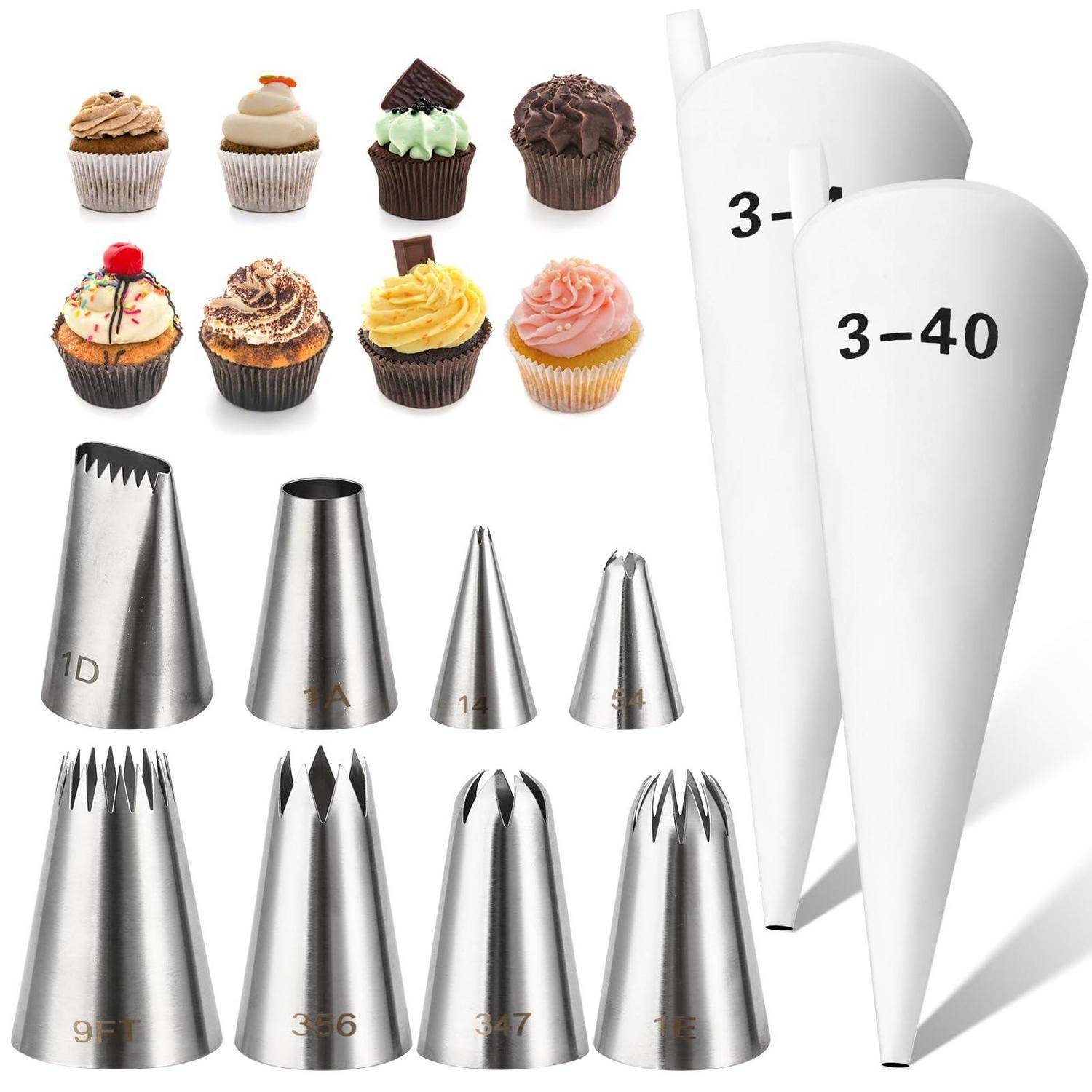 Satz aus Metallspritzaufsätzen und wegwerfbaren Spritzbeuteln zum Dekorieren von Cupcakes, dargestellt mit gefrosteten Cupcakes und nummerierten Düsen für verschiedene Zuckerguss-Muster.