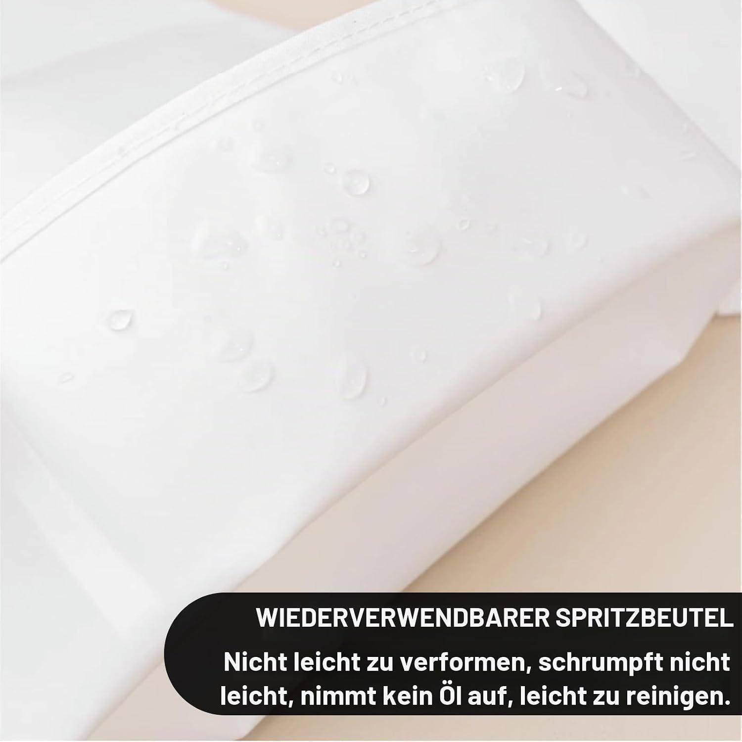 Wiederverwendbarer Spritzbeutel mit Wassertropfen, gekennzeichnet auf Deutsch mit „WIEDERVERWENDBARER SPRITZBEUTEL