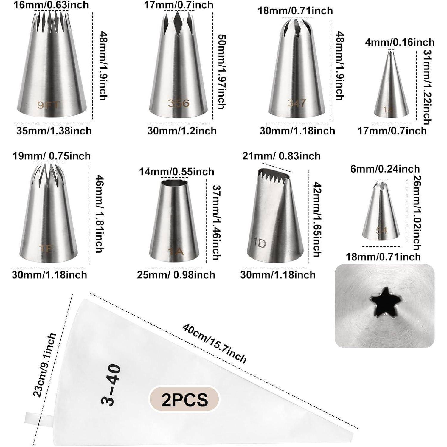 Illustrierte Anleitung mit 2 Spritzentüllen/Düsentüllen mit mehreren austauschbaren Metallspitzengröße und Messwerten in Millimetern und Zoll gekennzeichnet, plus einer Sternform-Tüllenprobe.