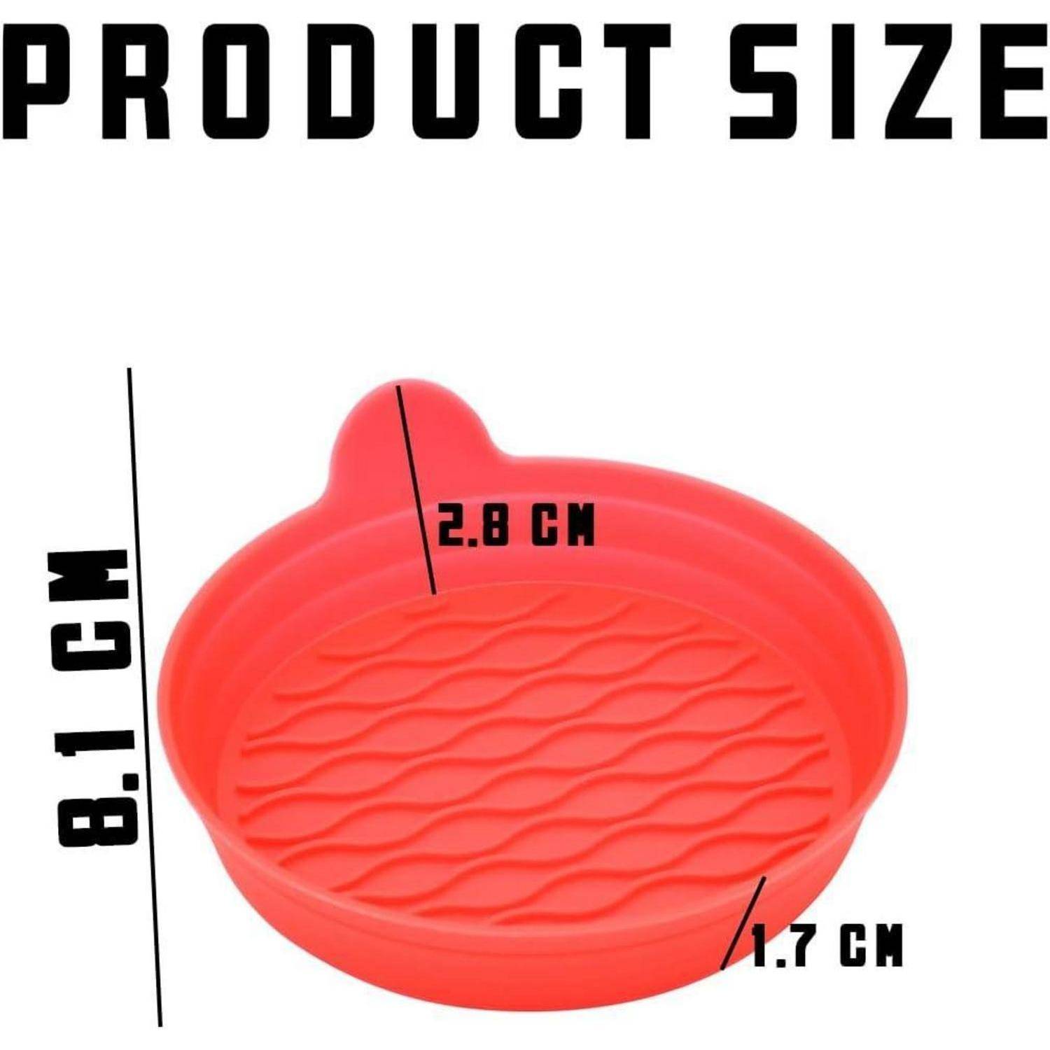 Produktgrößendiagramm einer roten runden Schale: 8,1 cm Durchmesser, 2,8 cm Höhe, 1,7 cm Randerhöhung.