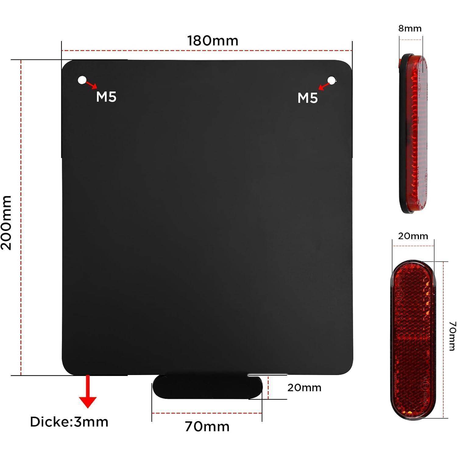 Schwarzes rechteckiges Panel, 180 x 200 mm und 3 mm dick, mit zwei M5-Befestigungslöchern an den oberen Ecken und einer 70 x 20 mm vorstehenden Halterung; rote Seitenansicht dargestellt.