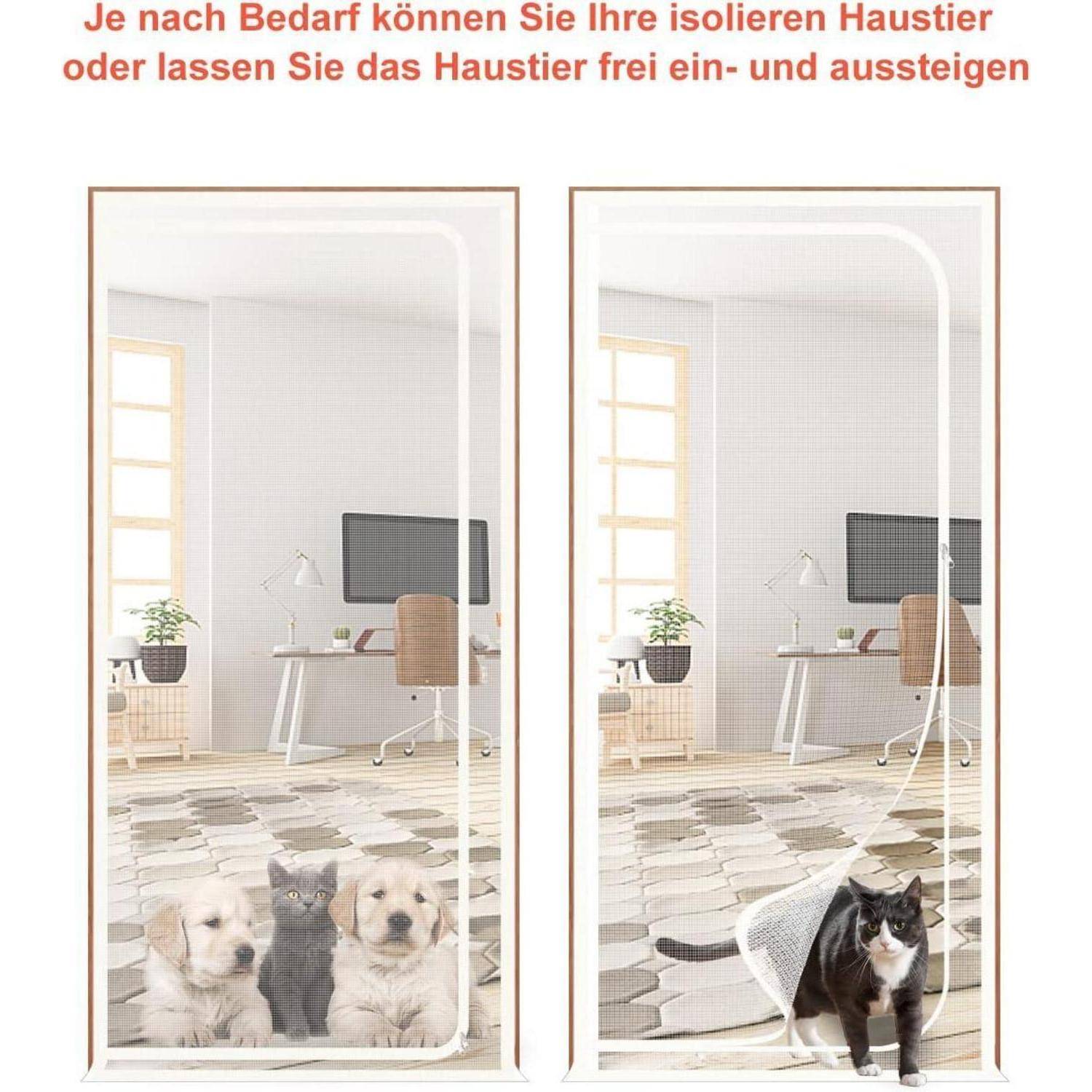 Illustration von zwei Modi einer Haustiertür: links sind Haustiere hinter einer Netzfolie im Inneren, rechts verlässt eine Katze frei durch die Öffnung; deutscher Text erklärt, dass Haustiere bei Bedarf drinnen gehalten oder hinausgelassen werden können.