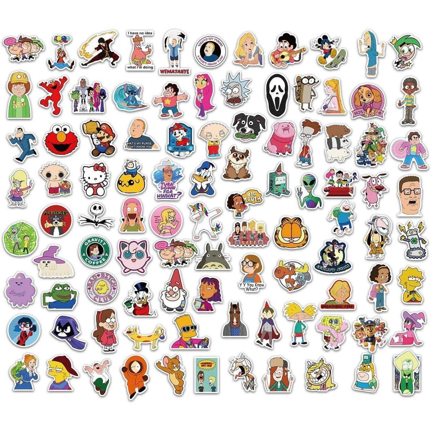 Eine Collage aus vielen bunten Cartoon-Aufkleber-Stil-Charakteren und Pop-Kultur-Figuren, die auf einem weißen Hintergrund angeordnet sind.
