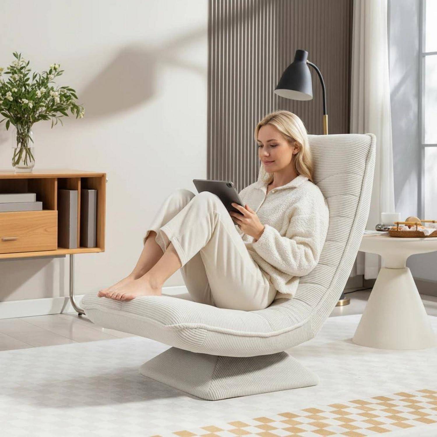Eine Frau sitzt in einem modernen Loungesessel und benutzt ein Tablet in einem hellen Wohnzimmer.
