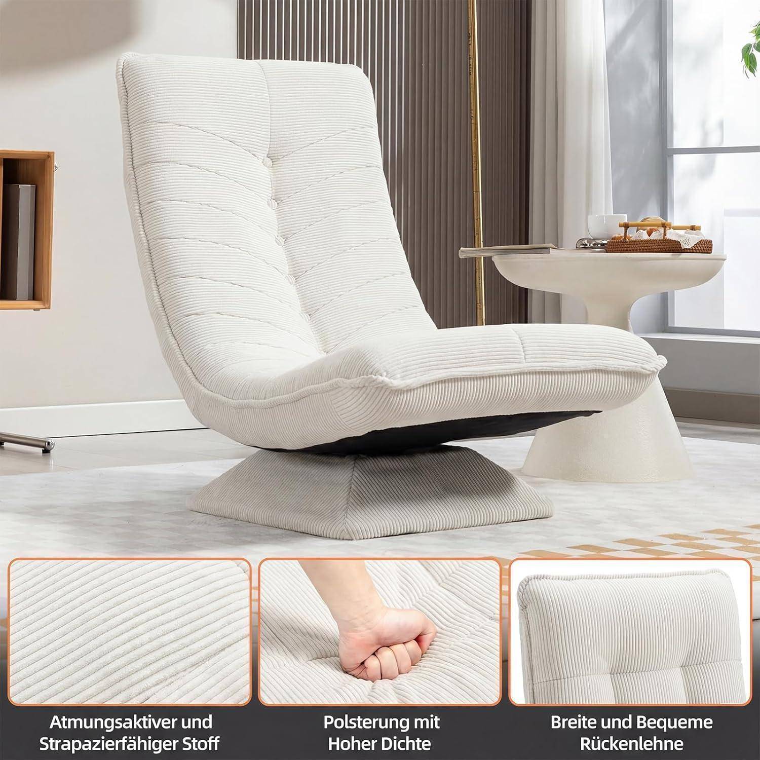 Weißer gepolsterter Loungesessel mit drehbarer Basis in einem modernen Zimmer; eingefügte Nahaufnahmen zeigen atmungsaktives Gewebe, feste Polsterung und breite Bequemlichkeit.