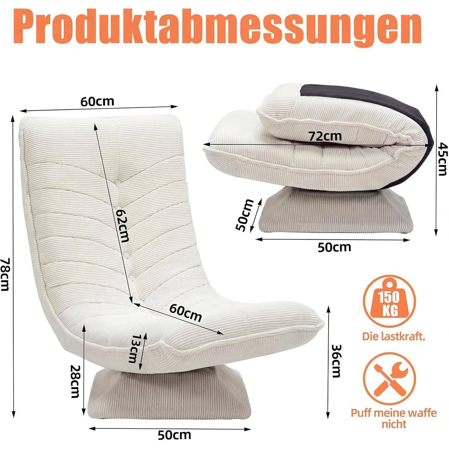 Produktmaßdiagramm eines gepolsterten Stuhls: 60 cm breit, 78 cm hoch, 60 cm Sitztiefen, 62 cm Rückenlänge, 13 cm Sitzdicke, 50 cm Basisbreite, 150 kg Tragfähigkeit.