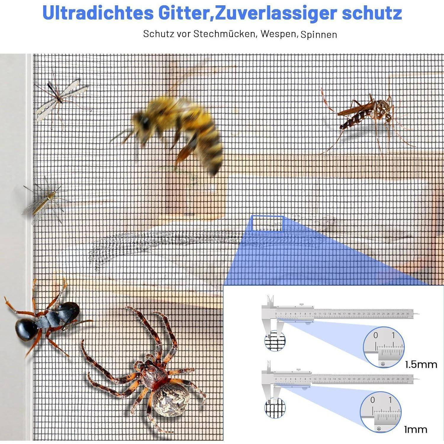 Fliegengitter mit der Aufschrift „Ultradichtes Gitter, zuverlässiger Schutz